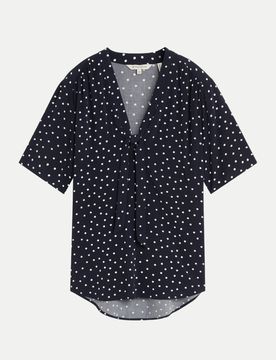 Gepunktete Bluse mit V-Ausschnitt Blau 38