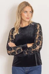 Women's Lace Sleeve Velour Top in Black Size: Large - Black - Size: L