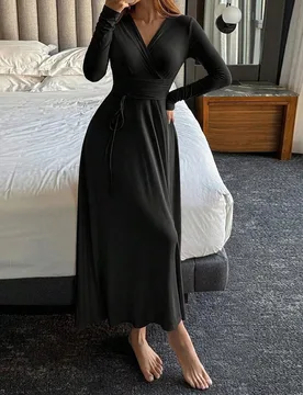 Vestido de pijama largo para mujer de punto con diseño fruncido y cintura drapeada, encantador, para otoño/invierno - Shein - FashionsVida