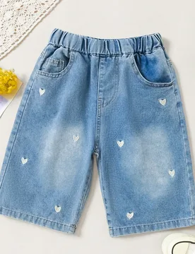 Shorts vaqueros casuales para niñas con bolsillos y diseño bordado de corazón, shorts de pierna ancha y corte holgado, aptos para uso al aire libre - Shein - FashionsVida