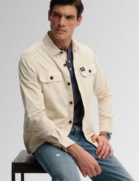 Superdry Herren Zweifach Taschen Overshirt Cream - Größe: L