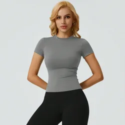 Pieza Top deportivo de manga corta, ajuste ceñido, unicolor, elástico, versátil y de moda para mujer