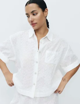 Pure Cotton Broderie Short Sleeve Pyjama Shirt White female - M&S - FashionsVida