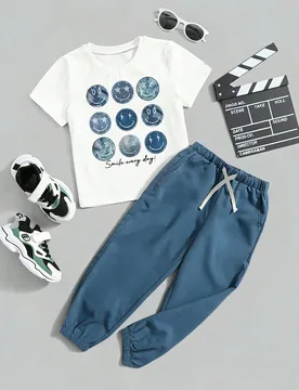 Set de 2 piezas de camiseta y pantalones casuales de verano con estampado de cara sonriente para niños - Shein - FashionsVida