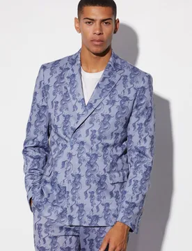 Men's Slim Fit Wrap Dragon Printed Suit Jacket Ice Blue Size 36 Ice Blue 36 - boohooMAN - FashionsVida