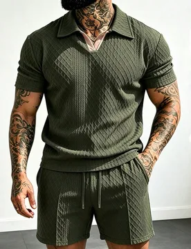 Conjunto de 2 piezas/Set de camisa polo de manga corta y pantalones cortos casuales de verano para vacaciones para hombres - Shein - FashionsVida