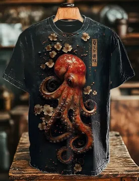 Men's Holloween Style Tees Vintage 3D Octopus Retro Calligraphy Print Casual T-Shirt Oversized Short Sleeve O-neck Unisex Tunics - Aliexpress - FashionsVida