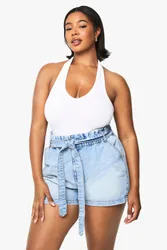 Womens Plus Paperbag Waist Denim Short - Blue Cotton - Size 28 Uk