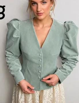IG 2026 Women's V Neck Velvet Blazer Jacket, Puff Shoulder Long Sleeve Vertical Matching Button Front Slim Fitted Waist Flap Poc - Aliexpress - FashionsVida