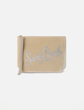 Pochette Aline beige effetto velluto con scritta logo in strass color argento - MC2 SAINT BARTH - FashionsVida