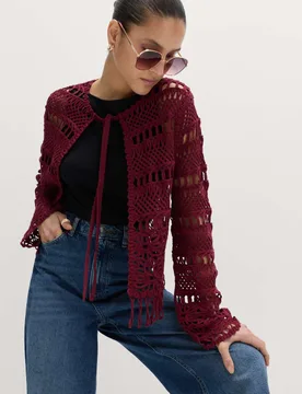Pure Cotton Tie Fastening Cropped Cardigan Dark Claret female - M&S - FashionsVida
