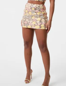 Women's Multi Daisy Sequin Mini Skirt Size: Medium - Multicolor - Size: M - Pink Vanilla - FashionsVida