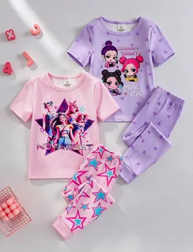 Set de 2 piezas de pijama de primavera/verano para niñas jóvenes, con parte superior de manga corta ajustada y pantalones, estampado de banda de dib - Shein - FashionsVida