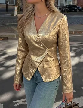 New Temperament Retro Style Gold V-neck Slim-fitting Long-sleeved Blazer - Aliexpress - FashionsVida