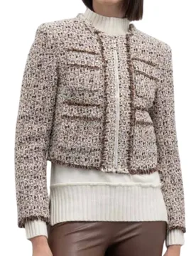 Giacca in tweed di lana con zip modello Persina colore naturale marrone con profili a contrasto - GOA GOA - FashionsVida