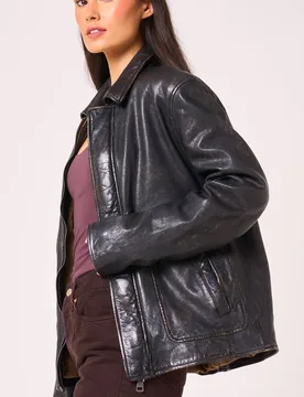 Women's Vintage Real Leather Oversized Jacket in Black Size: 2XL - Black - Size: 2XL - Barneys Originals - FashionsVida