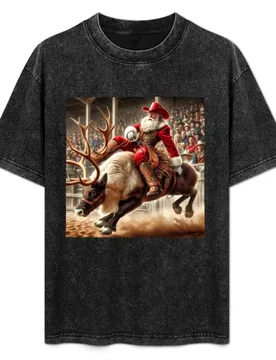 Rodeo Santa Riding Reindeer - Festive Western Christmas Art T-Shirt Daily Wear Plain Short Sleeve Shirt - Aliexpress - FashionsVida