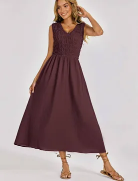 Women's Sleeveless Shirred Bodice Midi Dress in Chocolate Size: Medium - Chocolate - Size: M - FS Collection - FashionsVida
