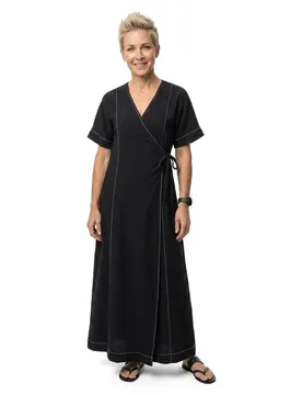 Robe Longue à Manches Courtes Jacira Black / White Sand Contrast Stitch 34