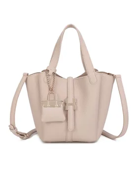 Women's Cyrisse PU Leather Bucket Bag With A Mini Bag Charm in Light Beige - Light Beige - Size: One Size - Fontanella Fashion - FashionsVida