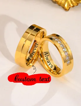 Anillos de pareja de acero inoxidable dorado grabados con láser personalizados, anillos a juego para hombres y mujeres, regalo de joyería para boda - Shein - FashionsVida