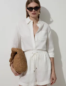 Women's Viscose Linen Tie Waist Woven Short in White Size: 10 - White - Size: 10 - Karen millen - FashionsVida