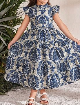 Vestido de gasa sin mangas con cuello de volantes y estampado floral pequeño para niña