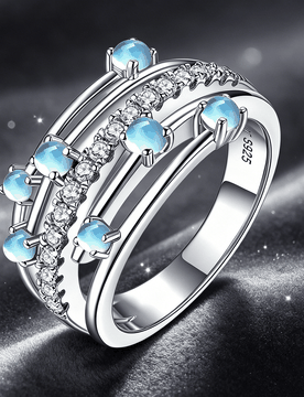 Pieza Anillo de mujer de banda ancha de plata de ley 925 con piedra lunar sintética incrustada, elegante y sofisticado, adecuado para uso diario, reg