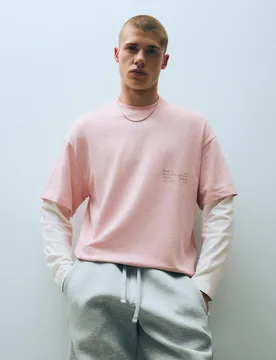 T-Shirt Double Manche Contrastante L Rose - Bershka - FashionsVida