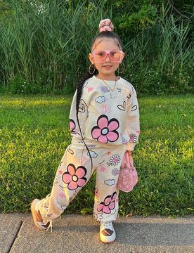 Set de sudadera y pantalones holgados, cómodos y de cuello redondo con estampado floral para niña, para otoño/invierno