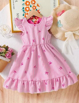 Vestido casual y elegante para niñas con estampado de rayas y lazos, cuello redondo, mangas de vuelo, espalda hueca, decoración de lazo en la cintur