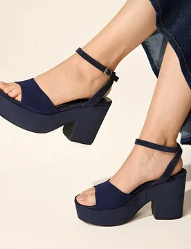 Sandalias de plataforma con tacón grueso para mujer, azul marino, con correa en el tobillo, punta abierta, estilo casual de moda, zapatos de verano - Shein - FashionsVida