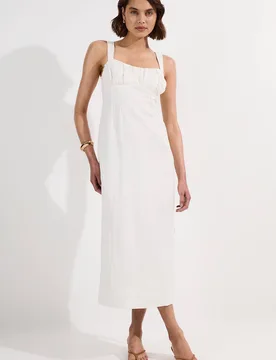 Women's Viscose Linen Ruched Detail Strappy Woven Midi Dress in White Size: 14 - White - Size: 14 - Karen millen - FashionsVida