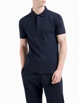 Polo blu in jersey di cotone stretch con logo in tono fronte e retro - EA7 - FashionsVida