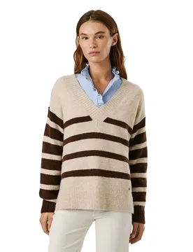 Maglione Con Scollo A V Cecil Stripe Dark Ecru White L