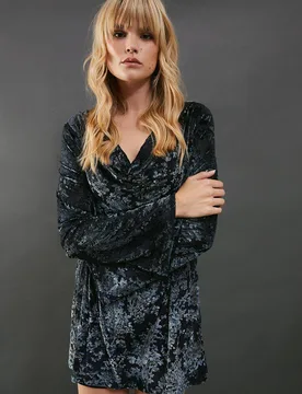 Women's Mesh Velvet Burnout Cowl Neck Mini Dress in Navy Size: 10 - Navy - Size: 10 - Warehouse - FashionsVida