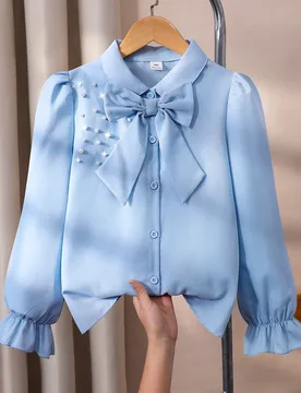 Blusa para niñas, manga larga abullonada, decoración de perlas en los hombros, decoración de lazo desmontable, corte holgado, estilo enérgico, tel - Shein - FashionsVida