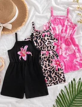 Set de 3 piezas Mono corto de verano con estampado floral y unicolor para niñas pequeñas, estilo minimalista y de vacaciones de moda - Shein - FashionsVida