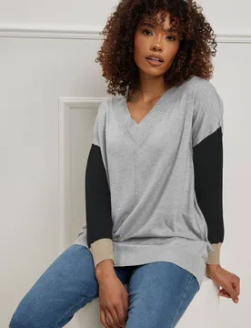 Colourblock V-Neck Jumper - Grey - Size: 14-16 - M&Co - FashionsVida
