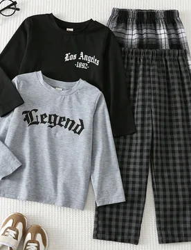 Conjunto de 4 piezas para niño casual, incluye camiseta de cuello redondo de manga larga con estampado de letras de punto suave y corte holgado, y pa - Shein - FashionsVida