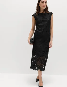 Lace Cutwork Detail Midi Column Dress Black female - M&S - FashionsVida