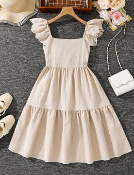 Vestido casual de niña preadolescente con cuello cuadrado tejido liso y volante en el bajo, vestido beige para niñas pequeñas, vestido champán par