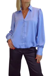 Women's Satin Long Sleeve Blouse in Blue Size: 18 - Blue - Size: 18