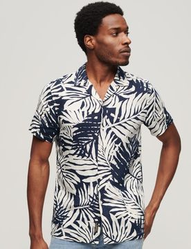 Superdry Men's Leinenhemd mit Offenem Kragen und Print Schwarz - Größe: M