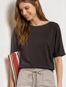 Basic Shirt mit Boat Neck und Elastikbund female Braun - Street One - FashionsVida