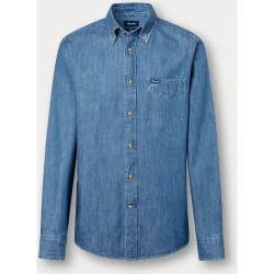 Camisa de hombre de algodón índigo con cuello abotonado y detalle de bolsillo fit club