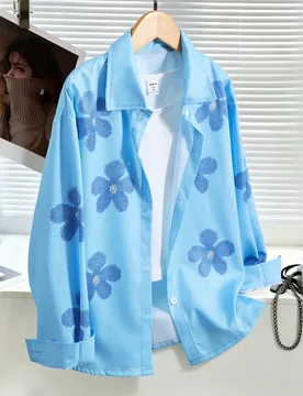 Pieza Cárdigan de manga larga con cuello y estampado floral con decoración de perlas falsas para niñas, adecuado para primavera/verano, se puede co - Shein - FashionsVida