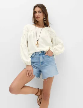 Linen Blend Relaxed Shirred Top Ivory female - M&S - FashionsVida