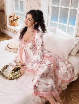 Conjunto de pijama de satén con camisola de dormir con estampado floral y encaje, bata con cinturón, camisón para mujer, conjunto de bata floral, c - Shein - FashionsVida