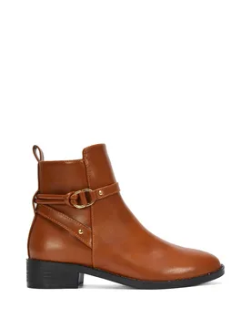 Women's 'Mollie' Low Block Heel Ankle Boots With Strap Detail in Tan Size: 8 - Tan - Size: 8 - XY London - FashionsVida